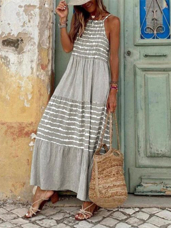 Sleeveless Swing Midi Dress – Women's Geometric Sling Neck Sundress