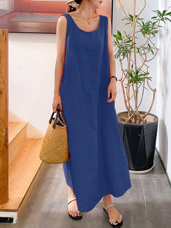 Cotton-Linen Sleeveless Midi Dress – Round Neck, Relaxed Fit, Solid Colors