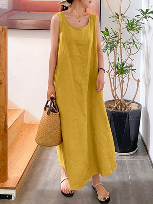 Cotton-Linen Sleeveless Midi Dress – Round Neck, Relaxed Fit, Solid Colors