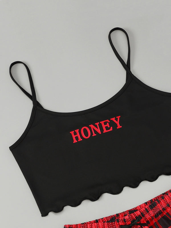HONEY Letter Print Camisole & Plaid Shorts Lounge Set – Soft & Lightweight Sleepwear