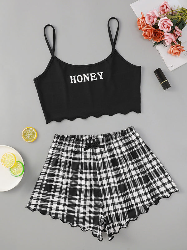 HONEY Letter Print Camisole & Plaid Shorts Lounge Set – Soft & Lightweight Sleepwear