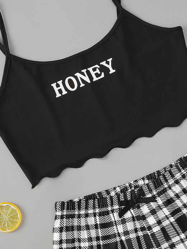 HONEY Letter Print Camisole & Plaid Shorts Lounge Set – Soft & Lightweight Sleepwear