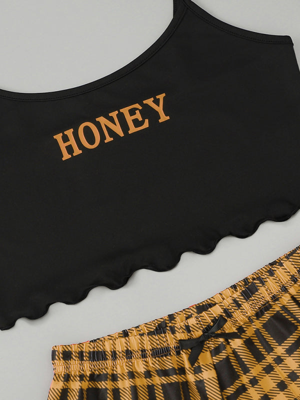 HONEY Letter Print Camisole & Plaid Shorts Lounge Set – Soft & Lightweight Sleepwear