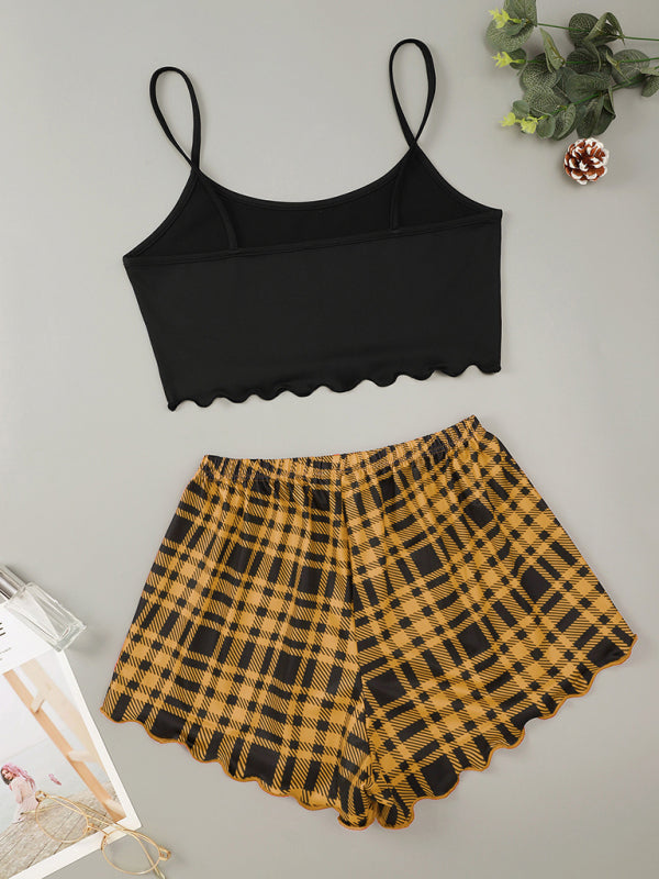 HONEY Letter Print Camisole & Plaid Shorts Lounge Set – Soft & Lightweight Sleepwear