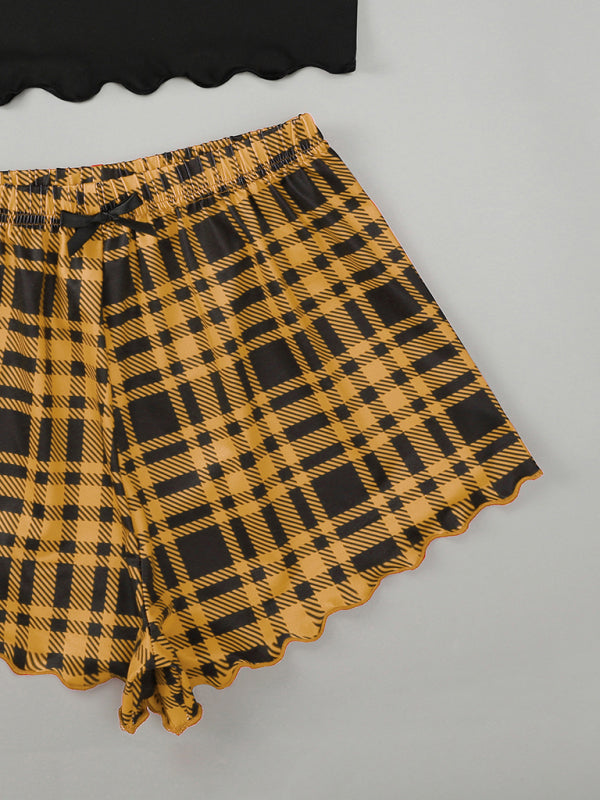 HONEY Letter Print Camisole & Plaid Shorts Lounge Set – Soft & Lightweight Sleepwear