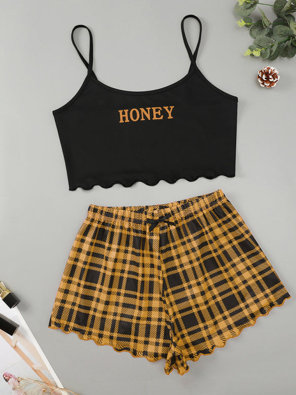 HONEY Letter Print Camisole & Plaid Shorts Lounge Set – Soft & Lightweight Sleepwear