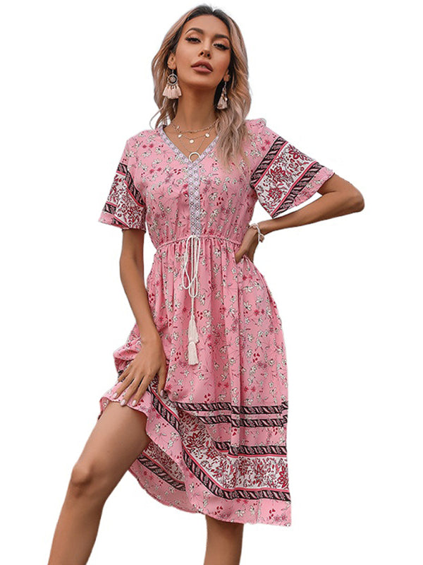 Bohemian V-Neck Short Sleeve Floral Dress – Lightweight & Flowy Fit