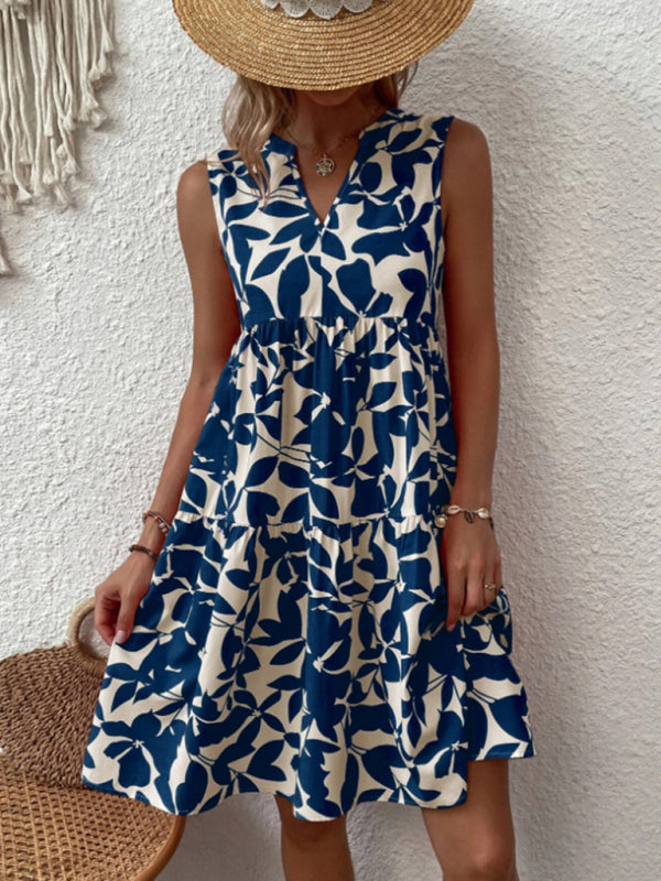 Women's V-Neck Floral Pleated Dress – Sleeveless, Lightweight & Chic