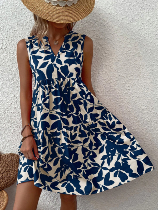 Women's V-Neck Floral Pleated Dress – Sleeveless, Lightweight & Chic
