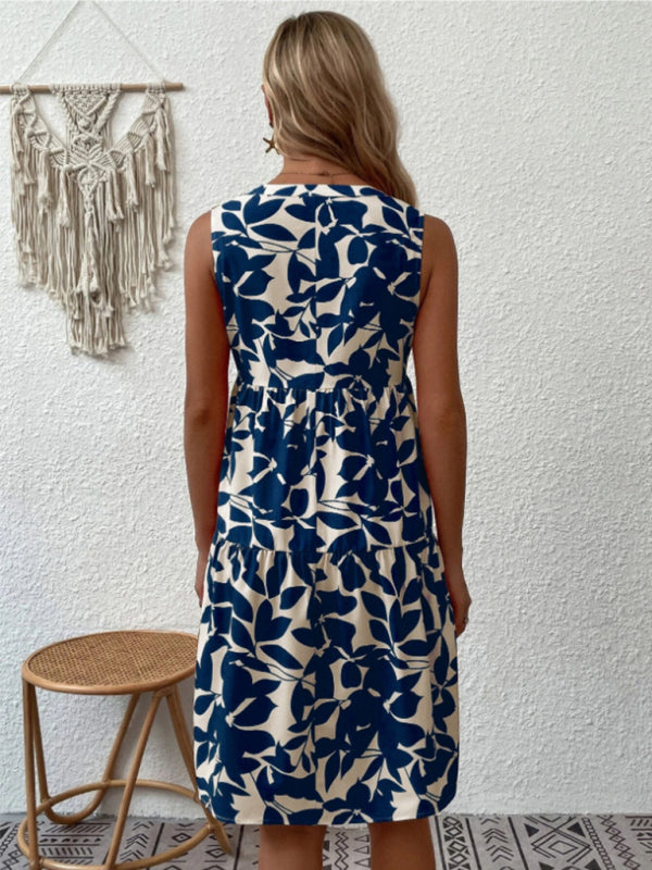 Women's V-Neck Floral Pleated Dress – Sleeveless, Lightweight & Chic