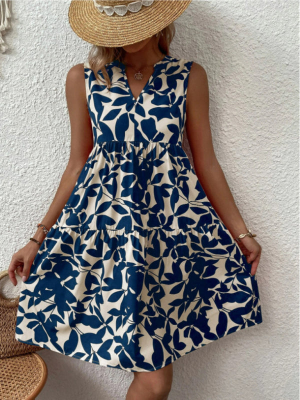 Women's V-Neck Floral Pleated Dress – Sleeveless, Lightweight & Chic