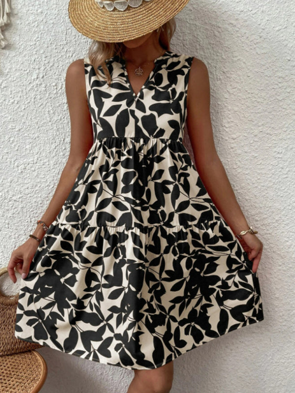 Women's V-Neck Floral Pleated Dress – Sleeveless, Lightweight & Chic