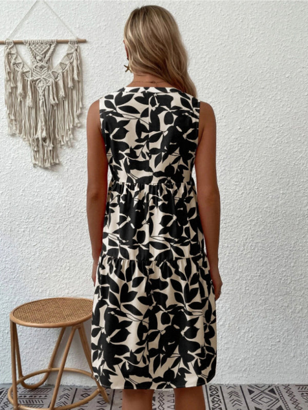 Women's V-Neck Floral Pleated Dress – Sleeveless, Lightweight & Chic