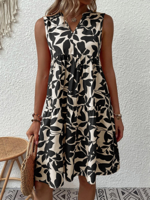 Women's V-Neck Floral Pleated Dress – Sleeveless, Lightweight & Chic