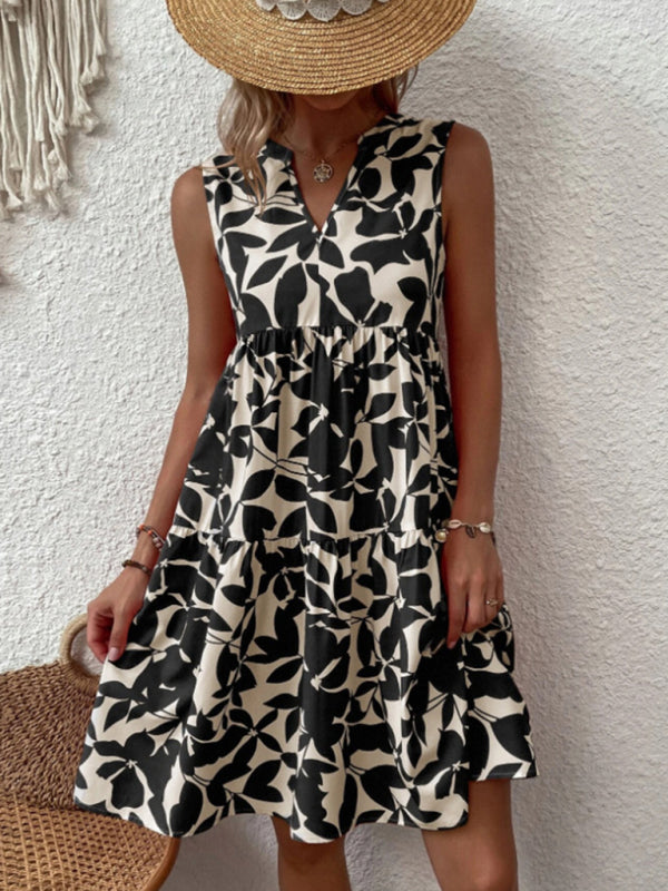 Women's V-Neck Floral Pleated Dress – Sleeveless, Lightweight & Chic