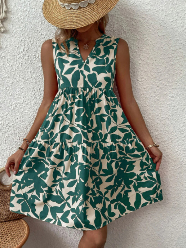 Women's V-Neck Floral Pleated Dress – Sleeveless, Lightweight & Chic
