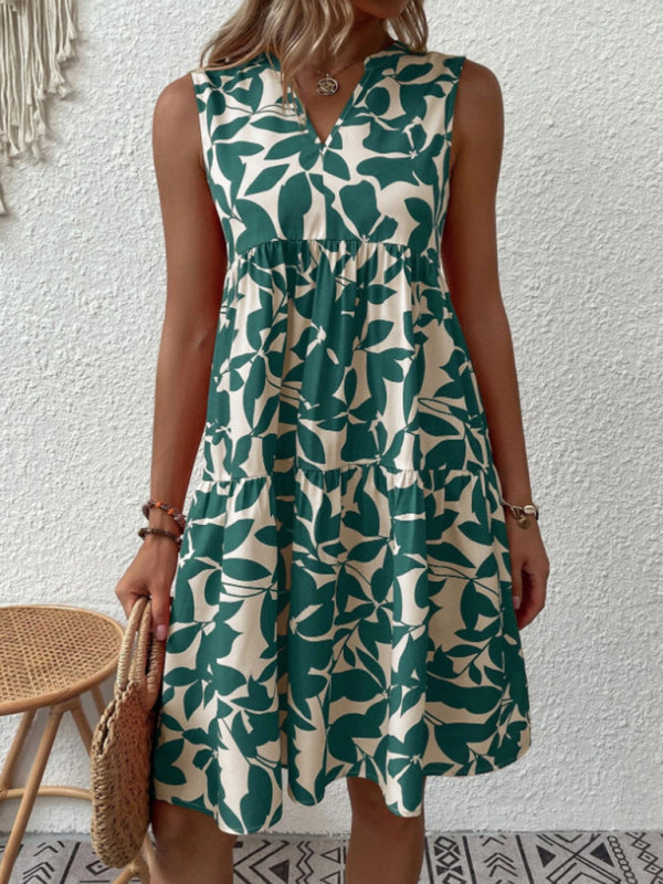 Women's V-Neck Floral Pleated Dress – Sleeveless, Lightweight & Chic