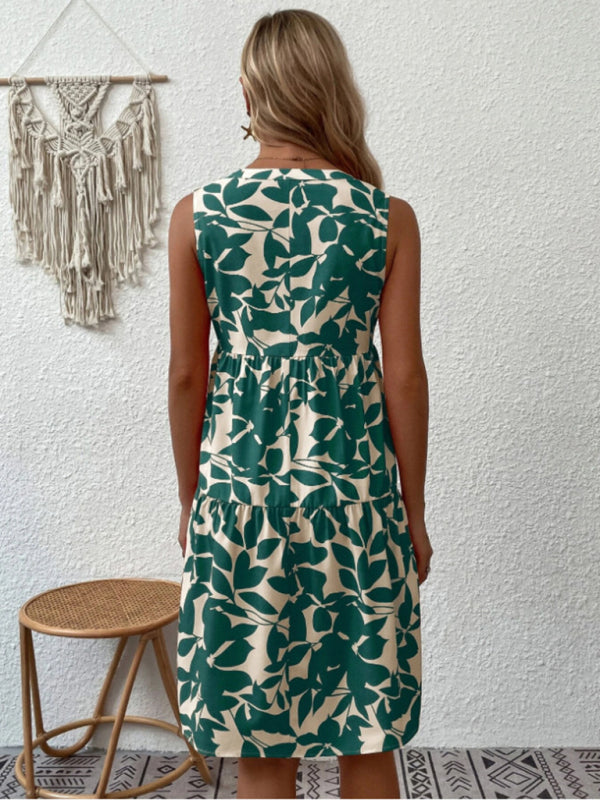 Women's V-Neck Floral Pleated Dress – Sleeveless, Lightweight & Chic