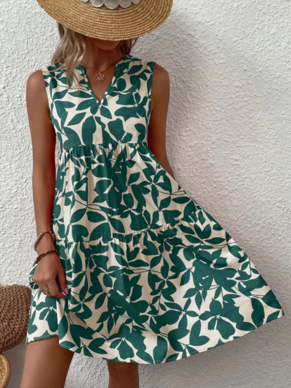 Women's V-Neck Floral Pleated Dress – Sleeveless, Lightweight & Chic
