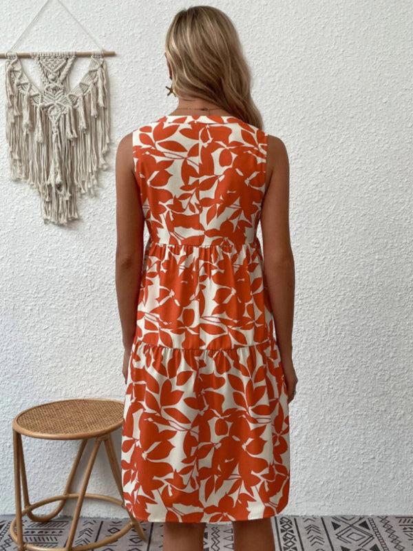 Women's V-Neck Floral Pleated Dress – Sleeveless, Lightweight & Chic