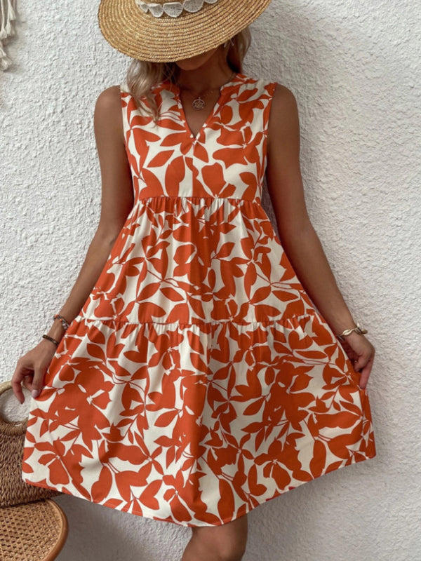 Women's V-Neck Floral Pleated Dress – Sleeveless, Lightweight & Chic