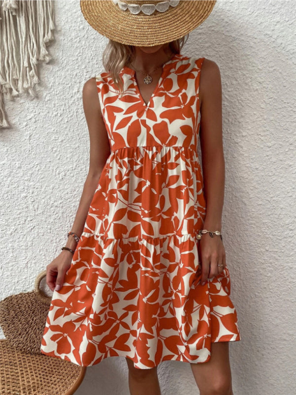 Women's V-Neck Floral Pleated Dress – Sleeveless, Lightweight & Chic