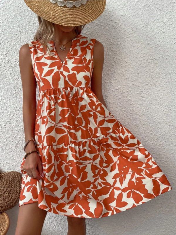 Women's V-Neck Floral Pleated Dress – Sleeveless, Lightweight & Chic