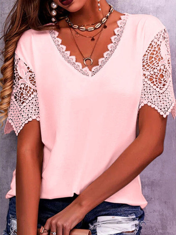 Women's Lace Trim V-Neck Short Sleeve Top