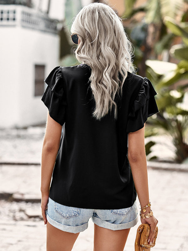 Women's V-Neck Ruffle Short Sleeve Blouse