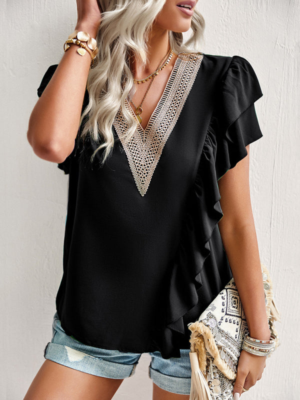 Women's V-Neck Ruffle Short Sleeve Blouse