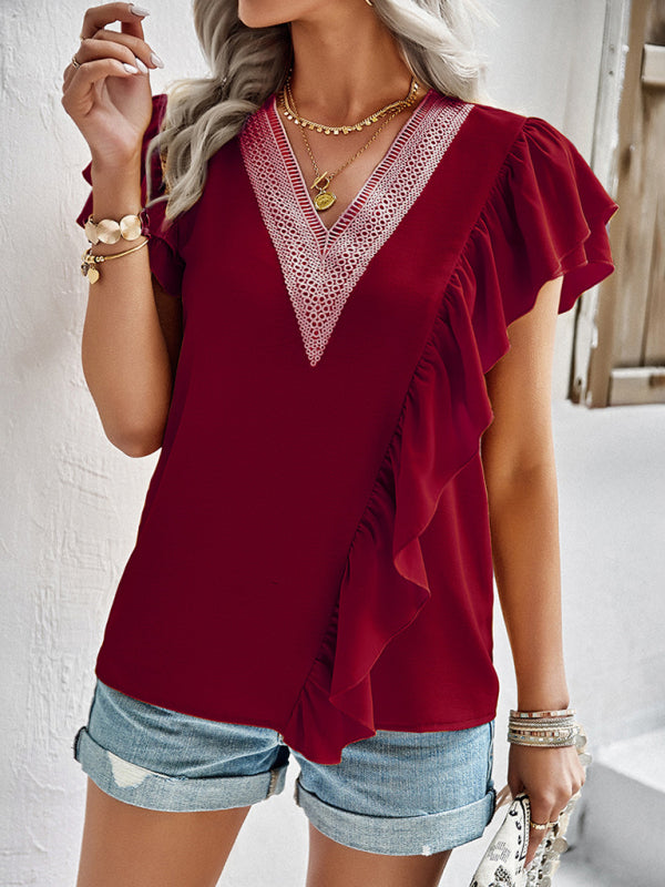 Women's V-Neck Ruffle Short Sleeve Blouse