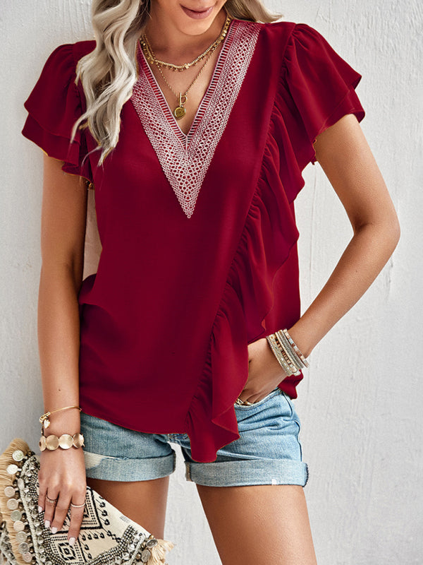 Women's V-Neck Ruffle Short Sleeve Blouse