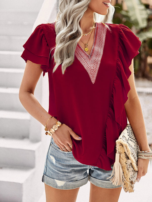 Women's V-Neck Ruffle Short Sleeve Blouse