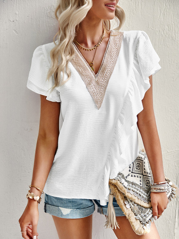 Women's V-Neck Ruffle Short Sleeve Blouse