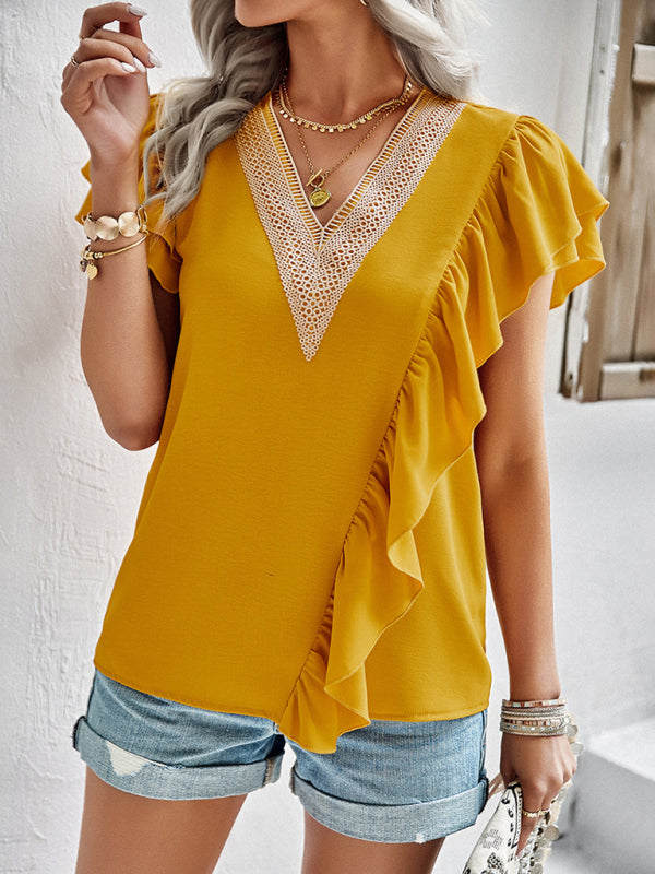 Women's V-Neck Ruffle Short Sleeve Blouse