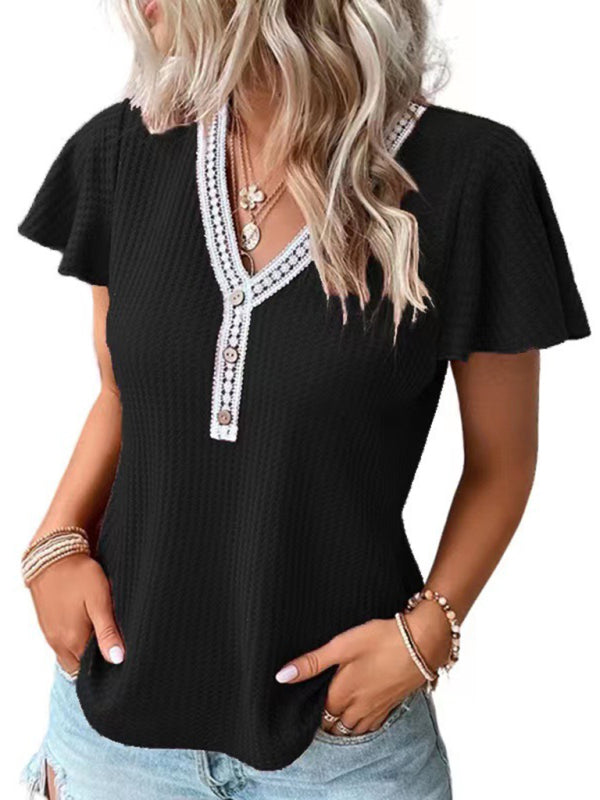 Women's Casual Fly Fly Sleeve Waffle Stitching Top Short Sleeve T-Shirt