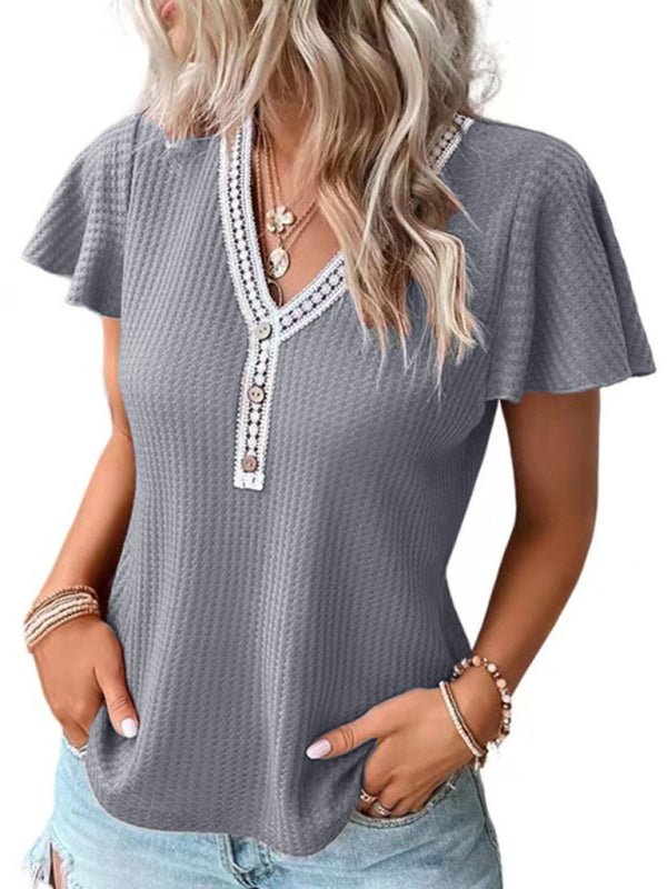 Women's Casual Fly Fly Sleeve Waffle Stitching Top Short Sleeve T-Shirt