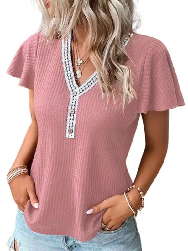 Women's Casual Fly Fly Sleeve Waffle Stitching Top Short Sleeve T-Shirt