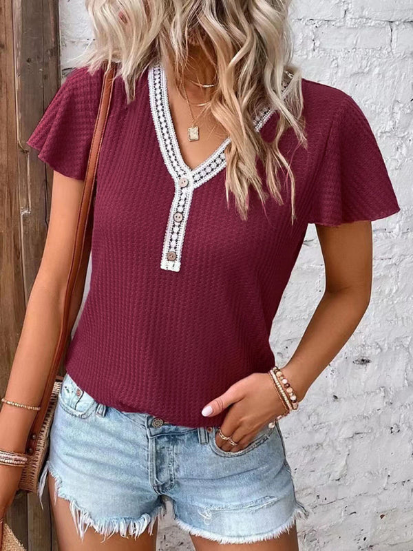 Women's Casual Fly Fly Sleeve Waffle Stitching Top Short Sleeve T-Shirt