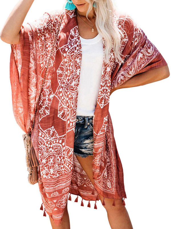 Bohemian Tassel Swimwear Cover-Up – Lightweight Floral Kaftan