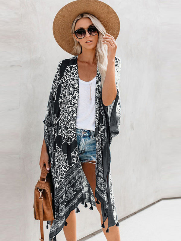 Bohemian Tassel Swimwear Cover-Up – Lightweight Floral Kaftan