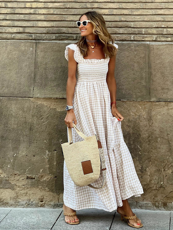 Plaid Swing Dress with Elastic Waist – Sleeveless Summer Midi Dress