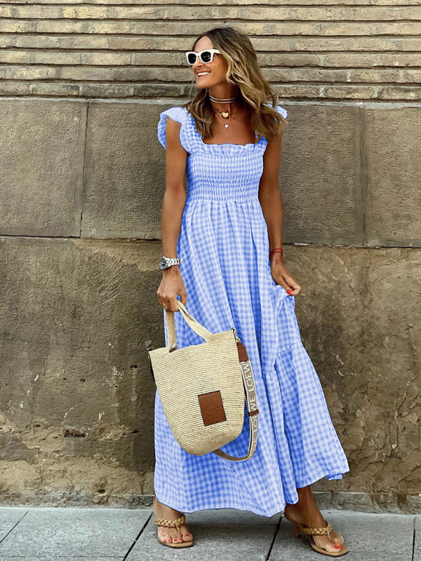 Plaid Swing Dress with Elastic Waist – Sleeveless Summer Midi Dress