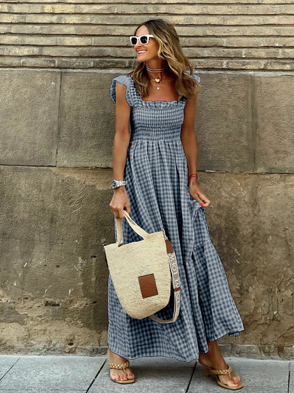 Plaid Swing Dress with Elastic Waist – Sleeveless Summer Midi Dress