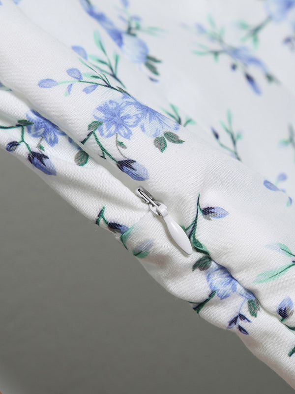 Embroidered V-Neck Sleeveless Midi Dress – Blue Floral, Spring-Summer Style