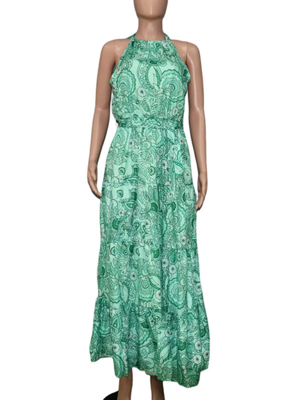 Boho Midi Dress – Sleeveless Halter Neck in Folk Print, Soft Polyester