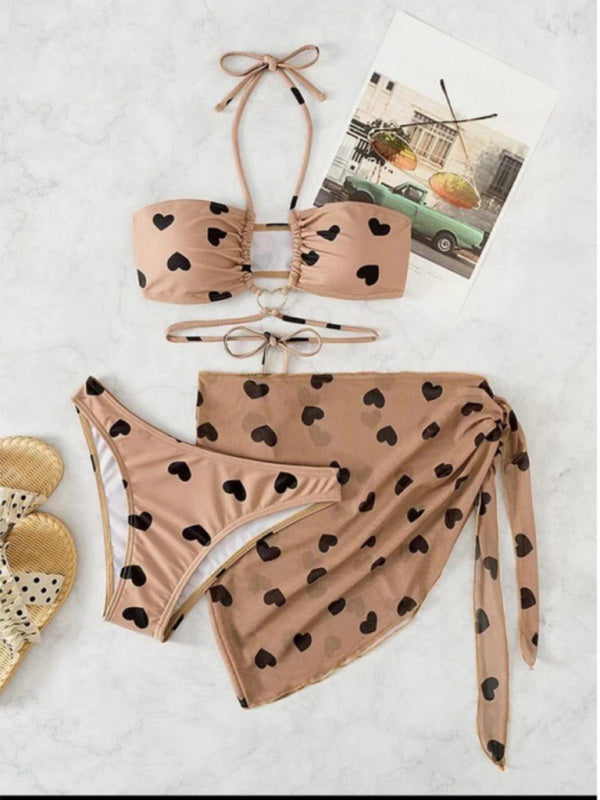 Heart Print 3-Piece Bikini Set – Cracker Khaki Swim Top, Bottom & Cover-Up