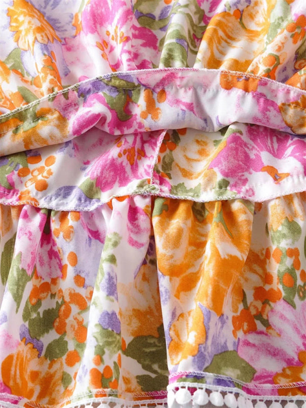 Floral Ruffled Backless Halter Dress – Sleeveless A-Line Mini with Tie Back