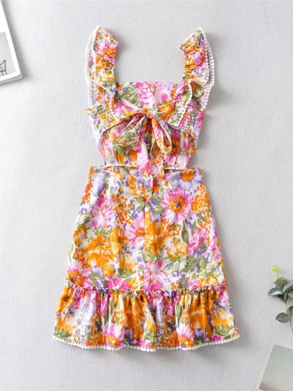 Floral Ruffled Backless Halter Dress – Sleeveless A-Line Mini with Tie Back