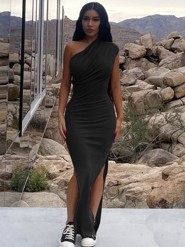 Women's Pleated Slit Shoulder Bodycon Maxi Dress
